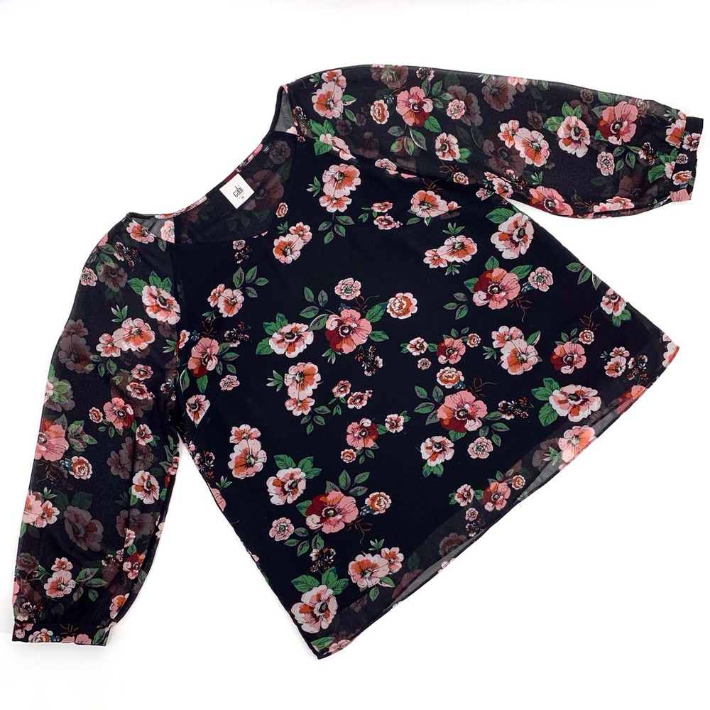Cabi Garden Blouse # 3595, Black with Rose Print Layered 3/4 Sleeve Top, Medium